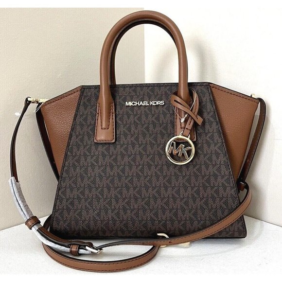 New Michael Kors Avril Small Top Zip Satchel Signature Brown - Picture 1 of 6